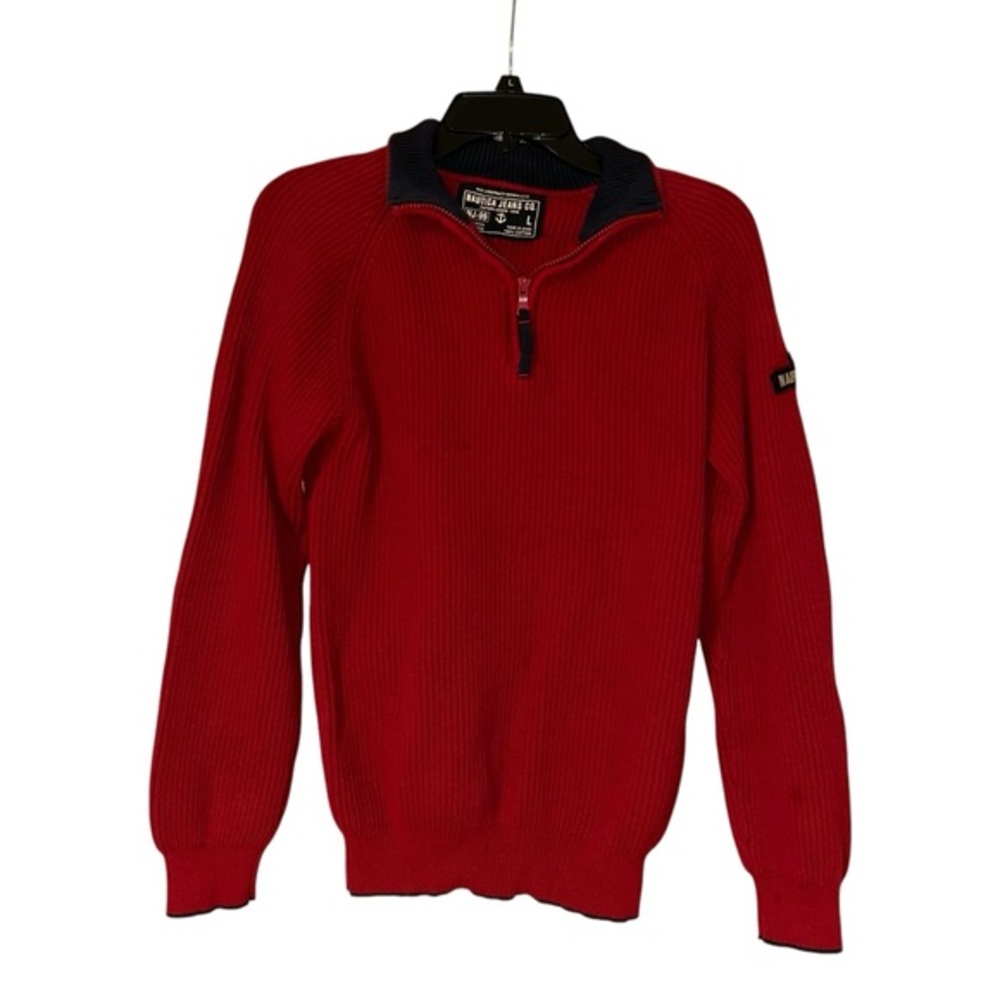 Nautica‎ Jeans 1999 Men's Red Quarter Zip Sweater Large Rib Knit Cotton